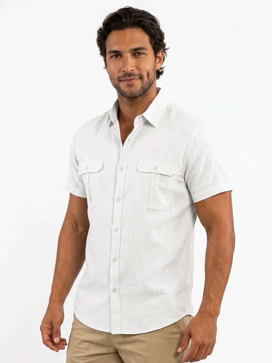 Momount Men Linen Shirt – Short Sleeve Double Chest Pocket Utility Casual - White - 3/4