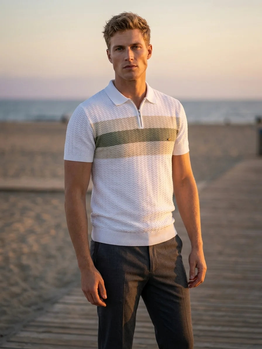 Momount Men Half Zip Polo Shirt – Knit Contrast Stripe Short Sleeve - White - lifestyle_beach