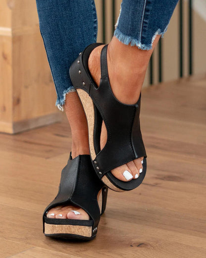 Momount dámské sandály na klínku – patinovaná kůže, korková platforma, slingback