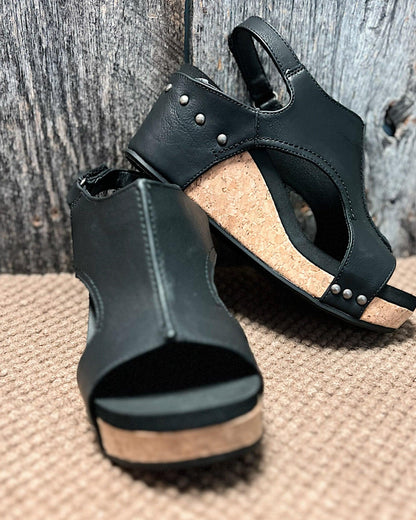 Momount dámské sandály na klínku – patinovaná kůže, korková platforma, slingback
