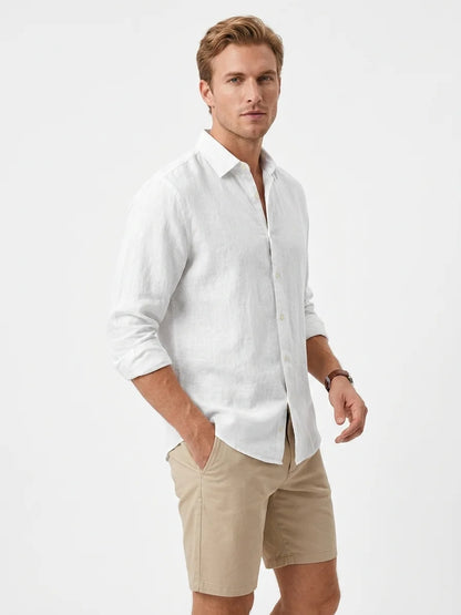 Momount Men Linen Shirt – Long Sleeve Button Up Relaxed Fit Beach - White - 3/4