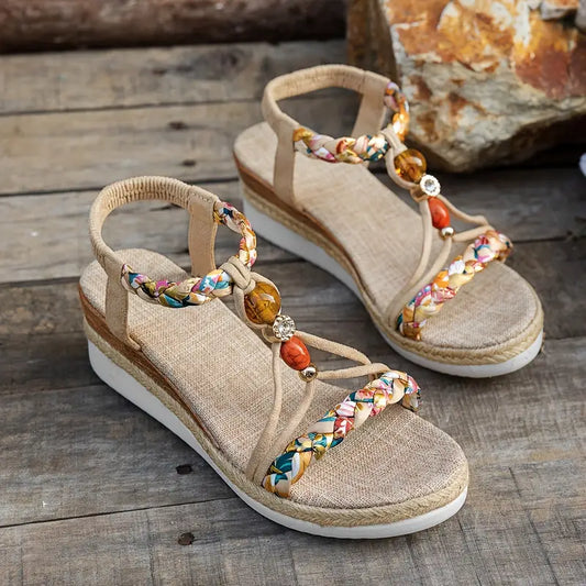 Momount dámské espadrilky na klínu – boho pletené s korálky a štrasem