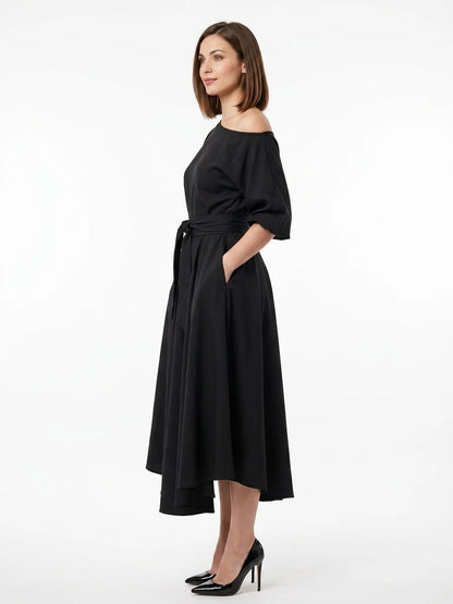 Ameliana | Elegant Off Shoulder Belted Summer Midi Dress - Black - side