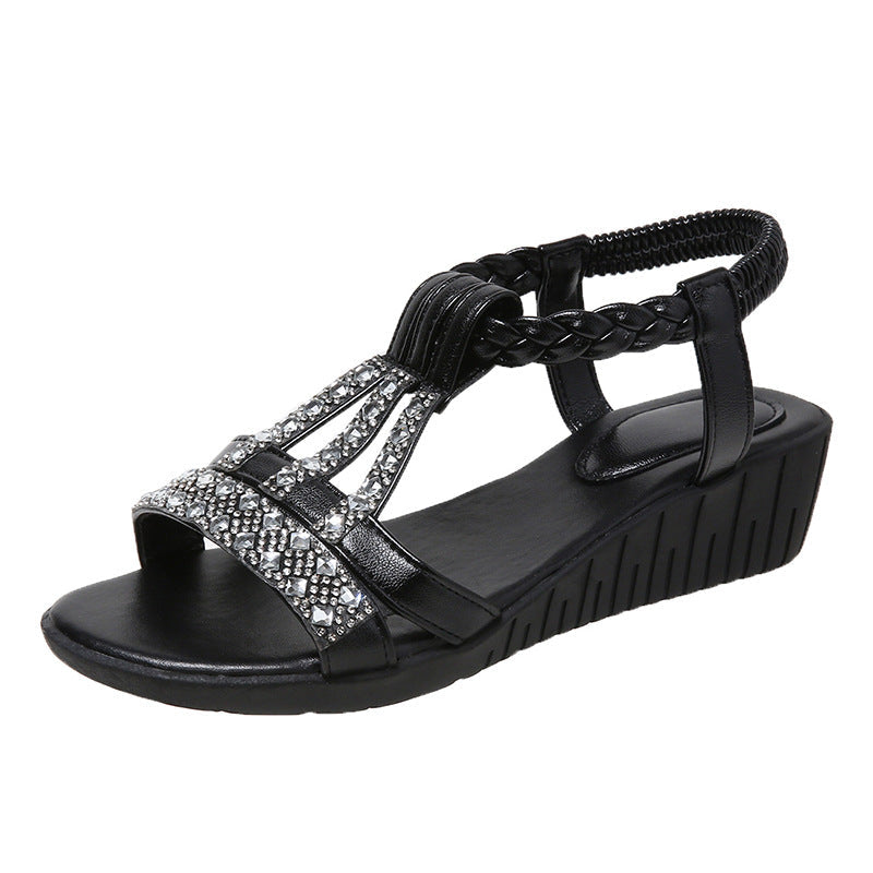 Momount dámské sandály na klínku – boho štras, splétaný T-strap, letní