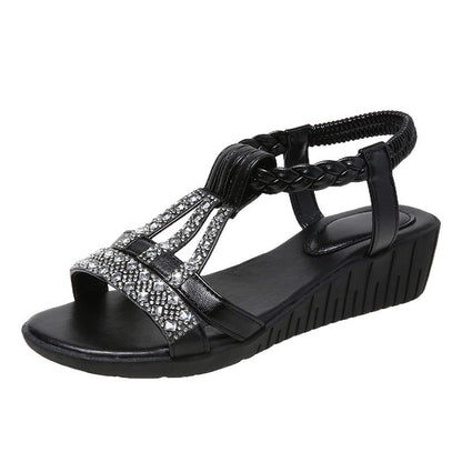 Momount dámské sandály na klínku – boho štras, splétaný T-strap, letní