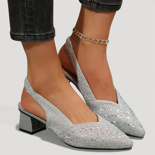 Momount dámské lodičky se slingback páskem – štras, špičatá špička, nízký podpatek, V-výřez