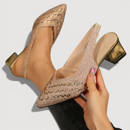 Momount dámské lodičky se slingback páskem – štras, špičatá špička, nízký podpatek, V-výřez