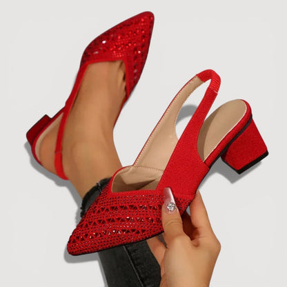 Momount dámské lodičky se slingback páskem – štras, špičatá špička, nízký podpatek, V-výřez