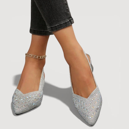 Momount dámské lodičky se slingback páskem – štras, špičatá špička, nízký podpatek, V-výřez