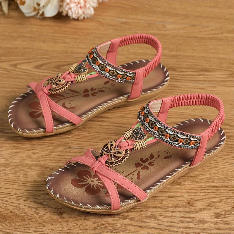 Momount dámské slingback sandály – teal boho, korálky, štras, ploché