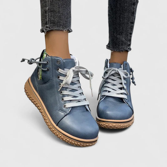 Momount dámské vysoké sneaker boty – kožené, šněrovací, boční zip, krepová podrážka
