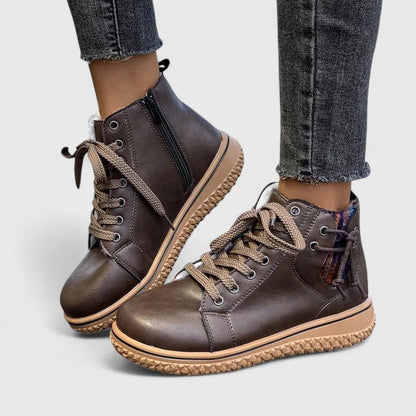 Momount dámské vysoké sneaker boty – kožené, šněrovací, boční zip, krepová podrážka
