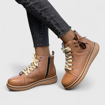 Momount dámské vysoké sneaker boty – kožené, šněrovací, boční zip, krepová podrážka
