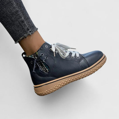 Momount dámské vysoké sneaker boty – kožené, šněrovací, boční zip, krepová podrážka
