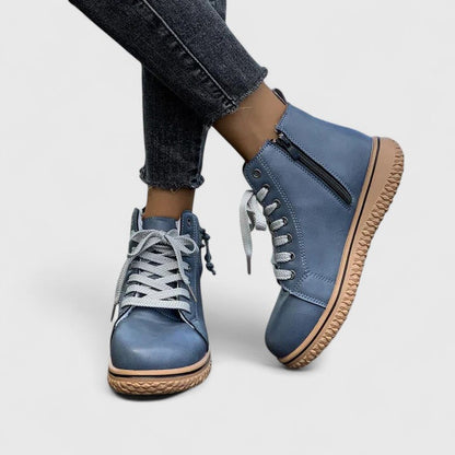 Momount dámské vysoké sneaker boty – kožené, šněrovací, boční zip, krepová podrážka
