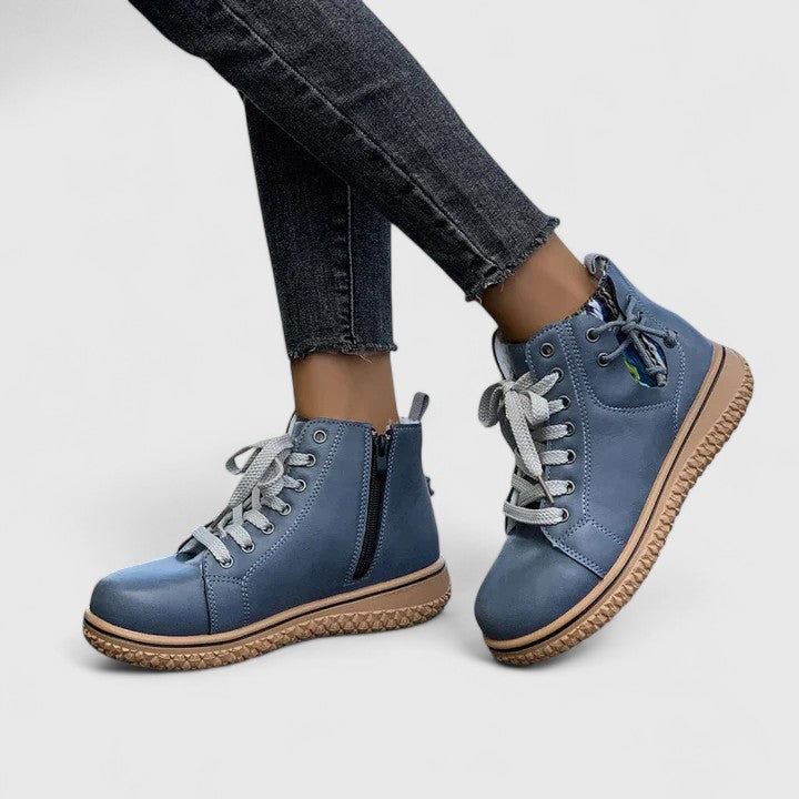 Momount dámské vysoké sneaker boty – kožené, šněrovací, boční zip, krepová podrážka