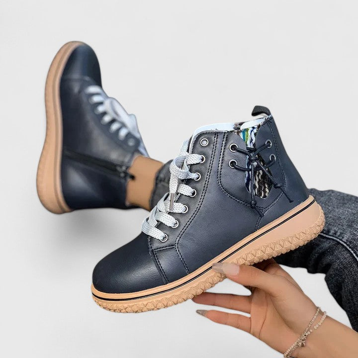 Momount dámské vysoké sneaker boty – kožené, šněrovací, boční zip, krepová podrážka