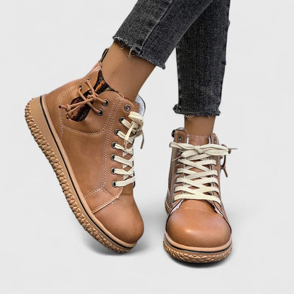 Momount dámské vysoké sneaker boty – kožené, šněrovací, boční zip, krepová podrážka