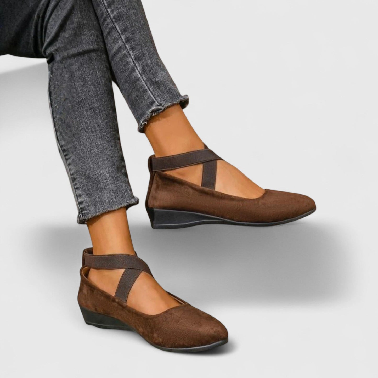 Momount dámské baleríny – semišové, elastické křížové pásky, kulatá špička, nazouvací