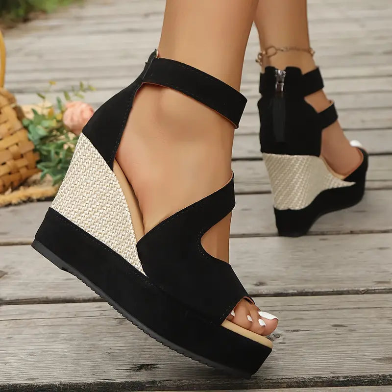 Momount dámské espadrilky na klínku – semišové, jutová platforma, kotníkový pásek, otevřená špička