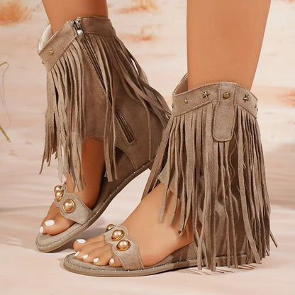 Momount dámské třásňové gladiátorské sandály – semišové, cvočky, boční zip, boho