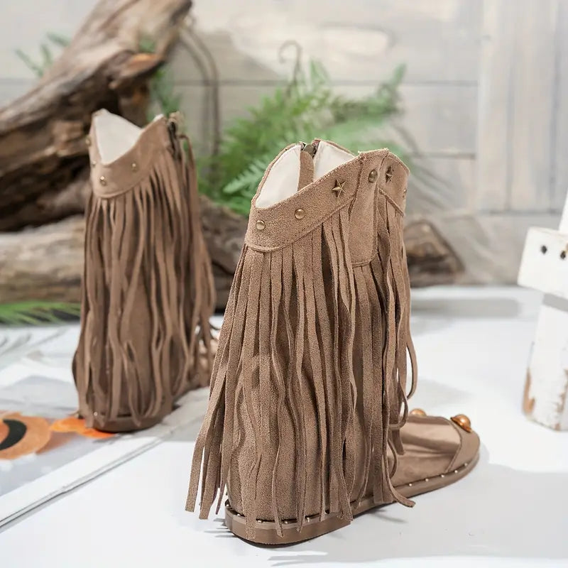 Momount dámské třásňové gladiátorské sandály – semišové, cvočky, boční zip, boho