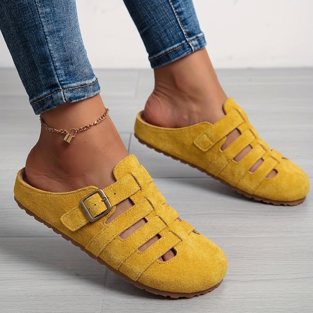 Momount dámské pantofle clog – semišové s mřížkou, přezka, nazouvací, korková stélka