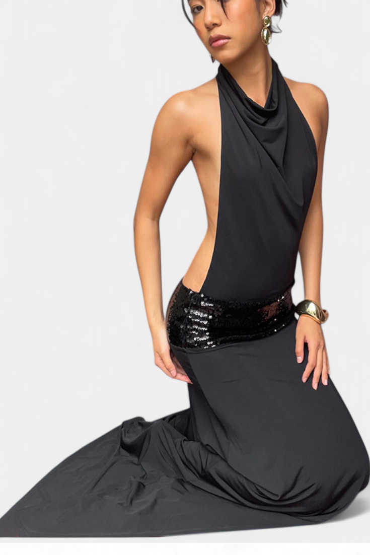Momount dámské letní maxi šaty – bez rukávů, halter výstřih, drapované, elegantní společenské