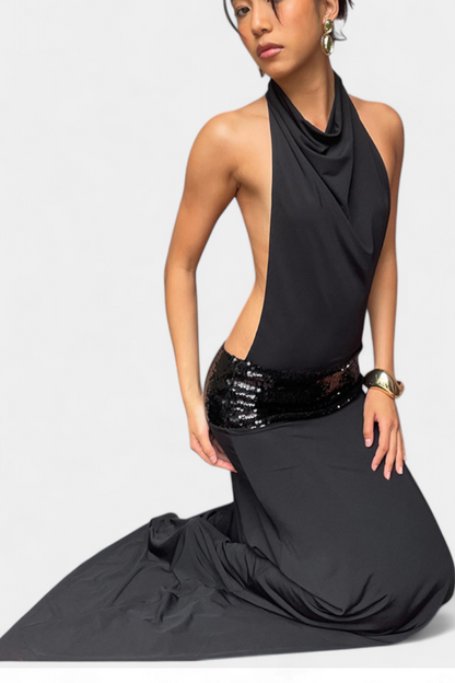 Momount dámské letní maxi šaty – bez rukávů, halter výstřih, drapované, elegantní společenské