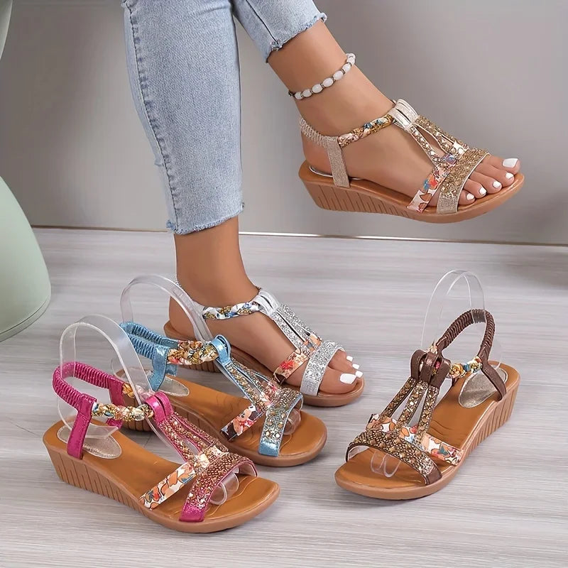 Momount dámské sandály na klínku – fuchsiové květinové, štras, splétané, boho