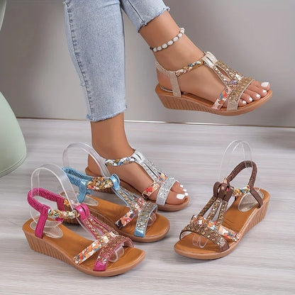 Momount dámské sandály na klínku – fuchsiové květinové, štras, splétané, boho