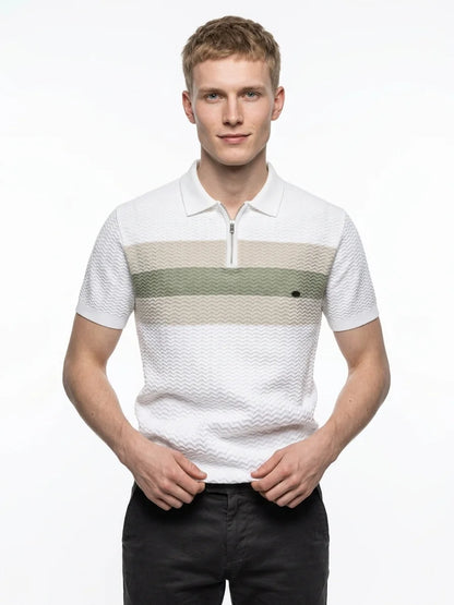 Momount Men Half Zip Polo Shirt – Knit Contrast Stripe Short Sleeve - White - front