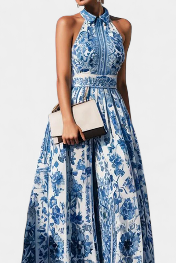 Momount dámské květinové maxi šaty – halter, bez rukávů, elegantní