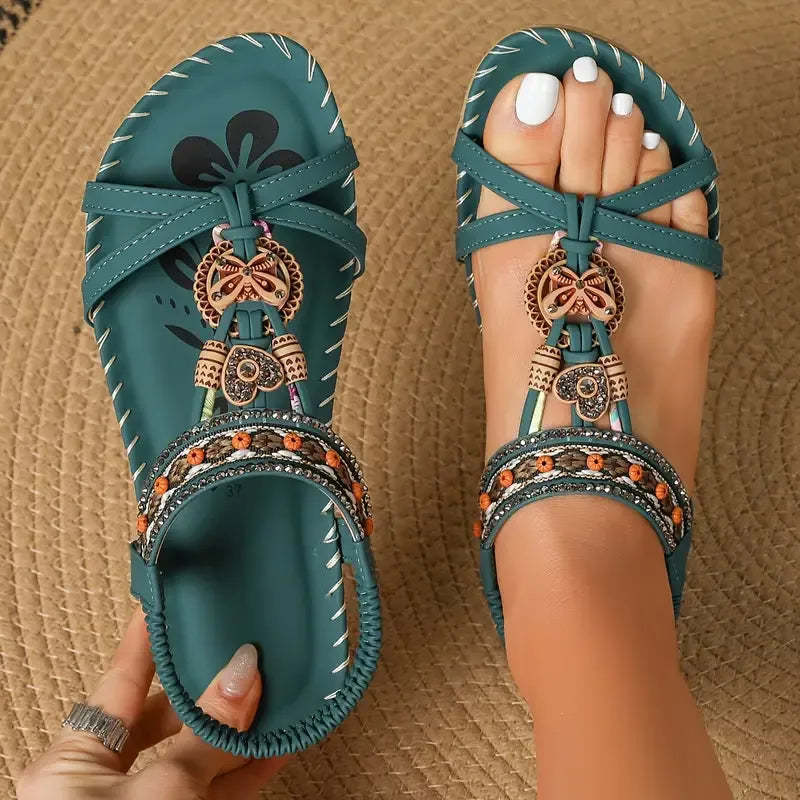 Momount dámské slingback sandály – teal boho, korálky, štras, ploché