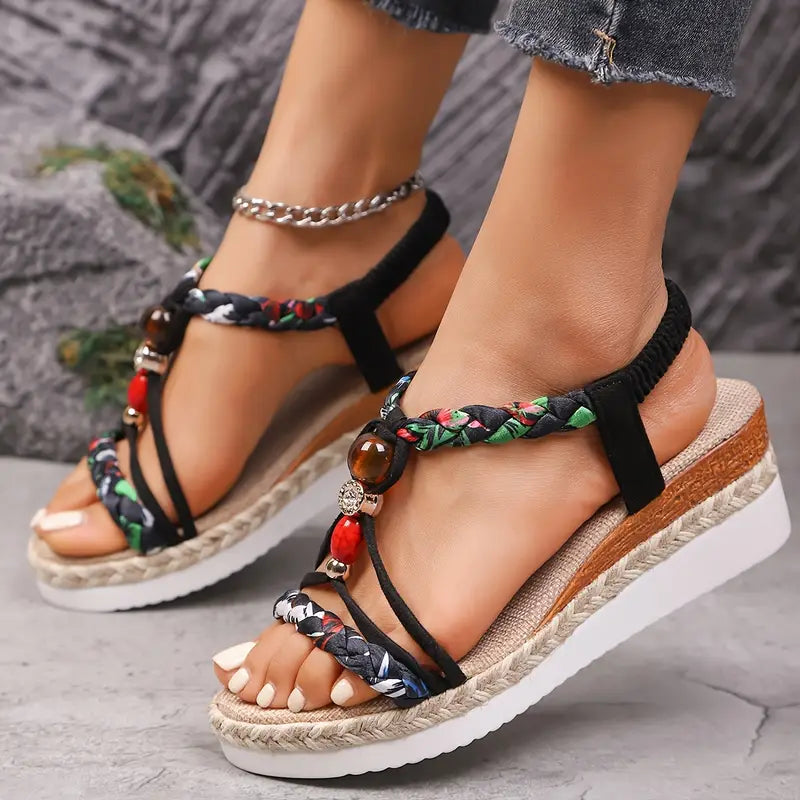 Momount dámské espadrilky na klínu – boho pletené s korálky a štrasem