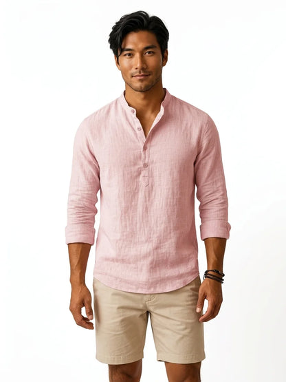 Momount Men Linen Henley Shirt – Long Sleeve Band Collar Breathable Casual - Pink - front