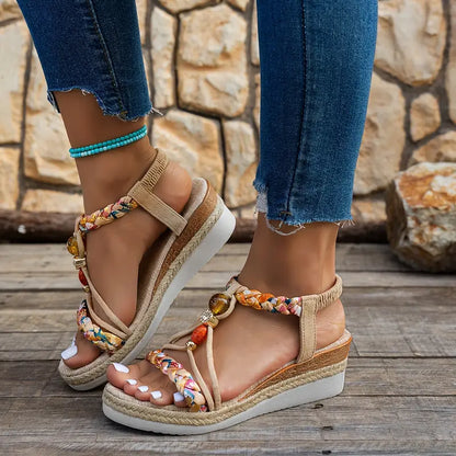 Momount dámské espadrilky na klínu – boho pletené s korálky a štrasem