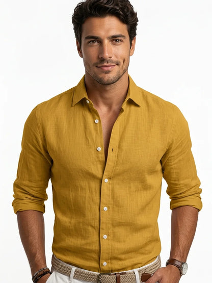 Momount Men Linen Shirt – Long Sleeve Turn Down Collar Summer Casual - Yellow - front