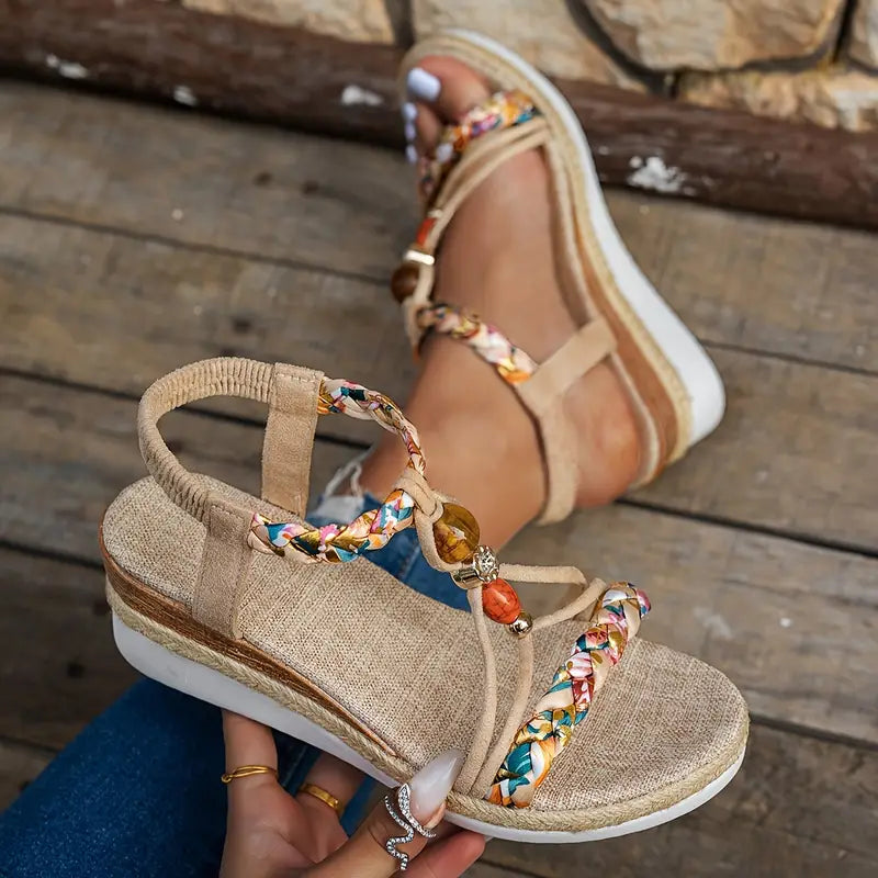 Momount dámské espadrilky na klínu – boho pletené s korálky a štrasem