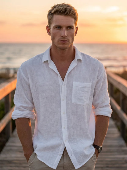 Momount Men Waffle Linen Shirt – Long Sleeve Button Up Textured Casual - White - lifestyle_beach