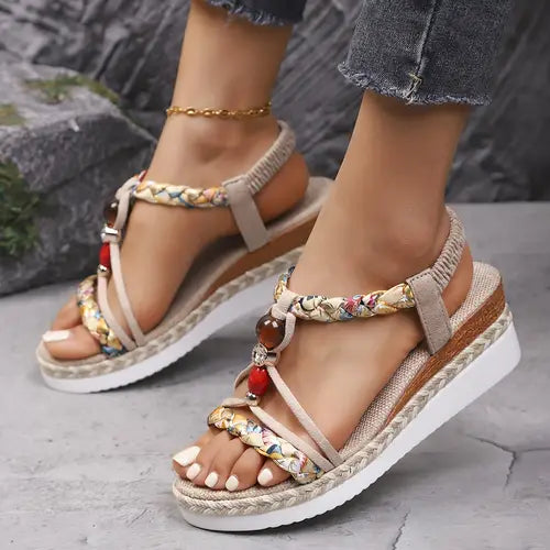 Momount dámské espadrilky na klínu – boho pletené s korálky a štrasem