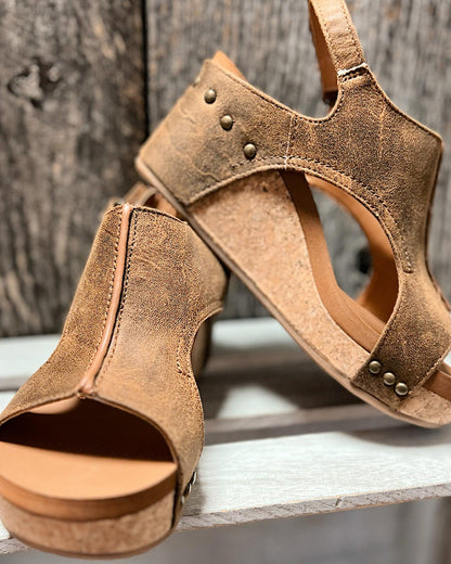 Momount dámské sandály na klínku – patinovaná kůže, korková platforma, slingback
