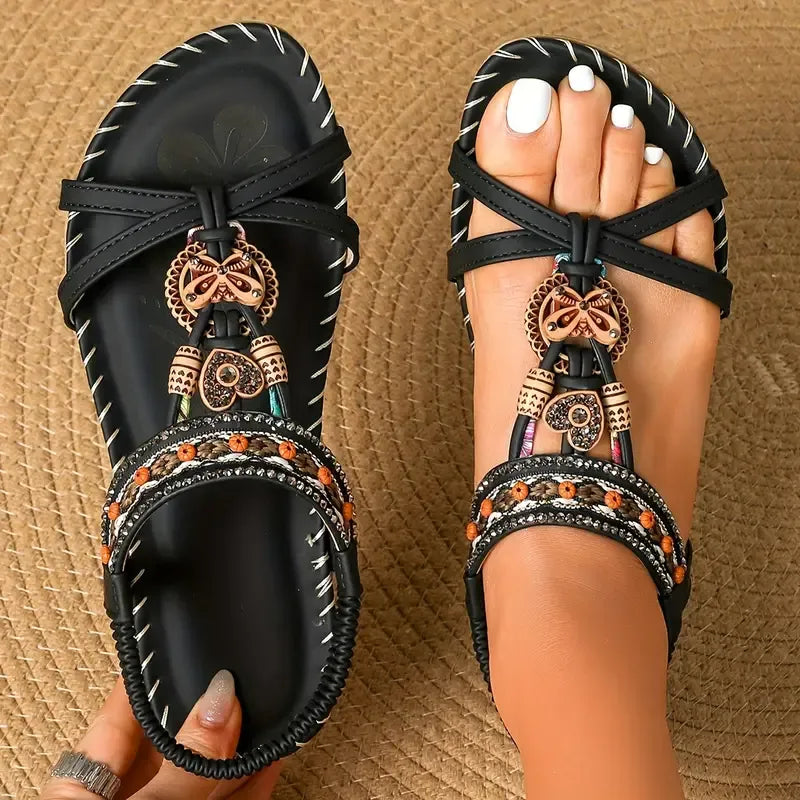 Momount dámské slingback sandály – teal boho, korálky, štras, ploché
