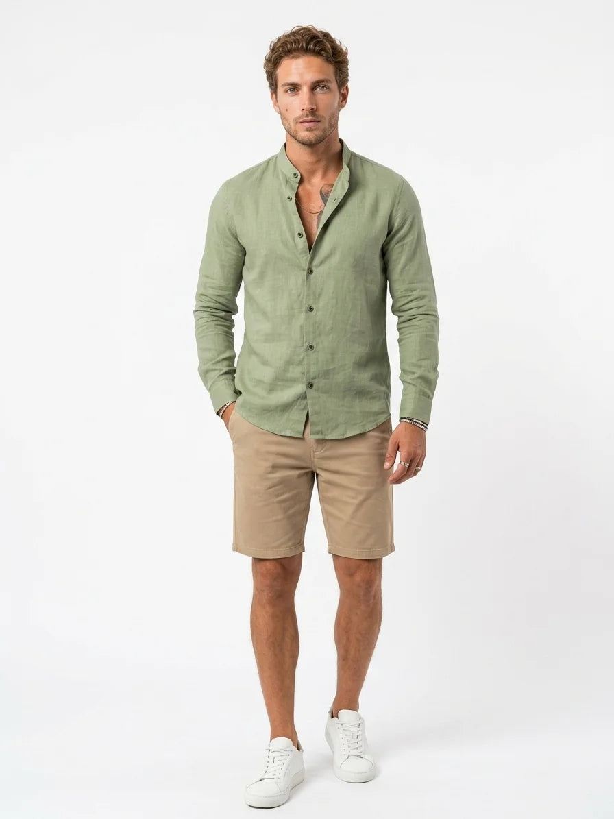 Momount Men Linen Shirt – Long Sleeve Slim Fit Button Up Casual - Green - front