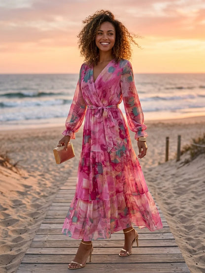 Dajana Floral Wrap Maxi Dress | Bold Print, Waist-Defining - main - lifestyle_beach