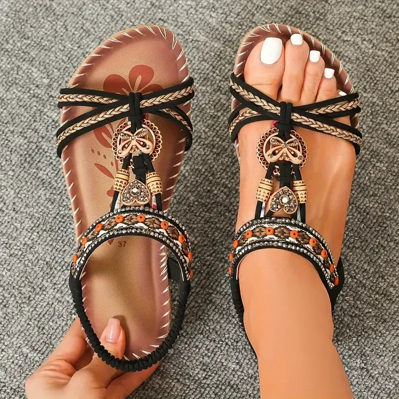 Momount dámské slingback sandály – teal boho, korálky, štras, ploché