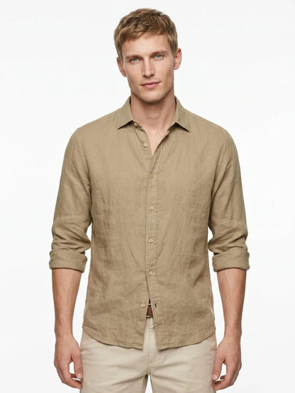 Momount Men Linen Shirt – Long Sleeve Button Up Relaxed Fit Beach - Khaki - front