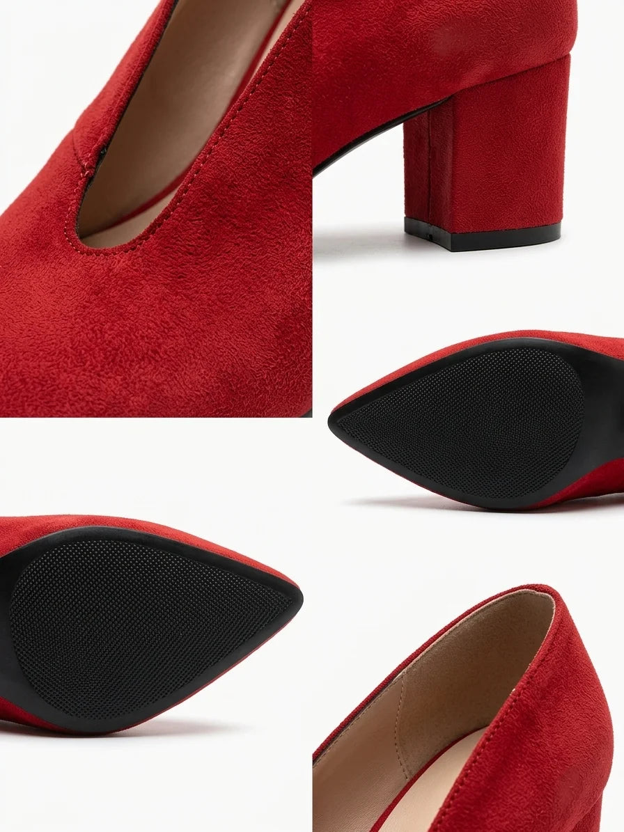 Arabelle | Suede V Cut Block Heel Pumps - Red - detail