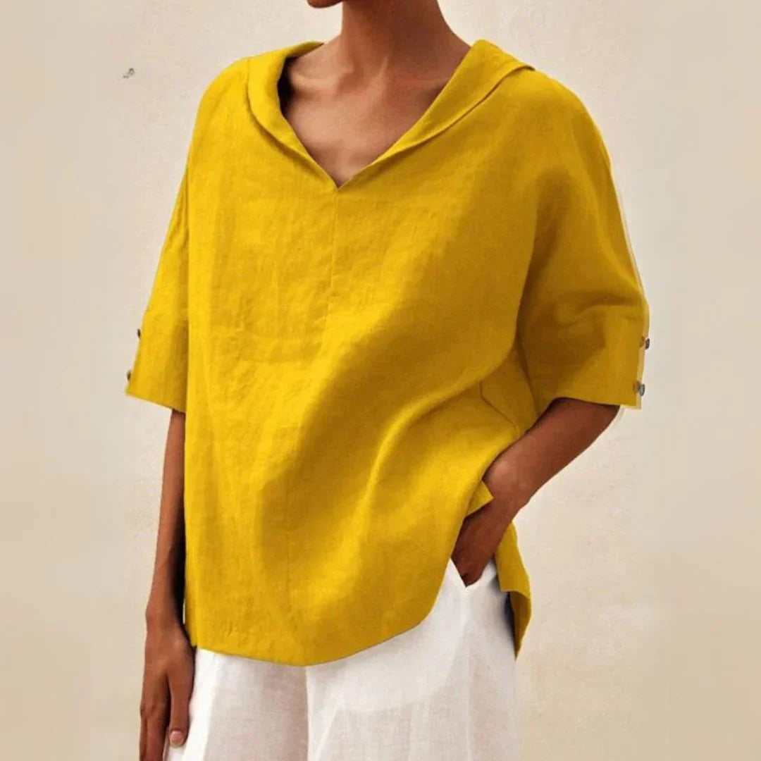 Momount dámská lněná košile – V-výstřih, klopový límec, oversized, letní