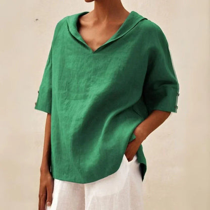 Momount dámská lněná košile – V-výstřih, klopový límec, oversized, letní